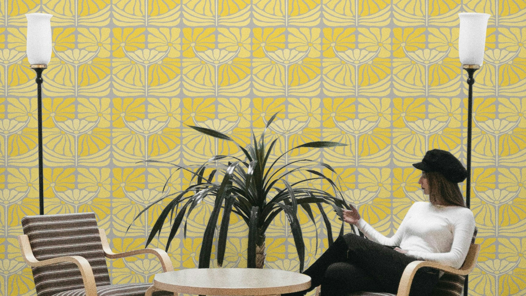 Vintage wallpaper with yellow floral patterns

