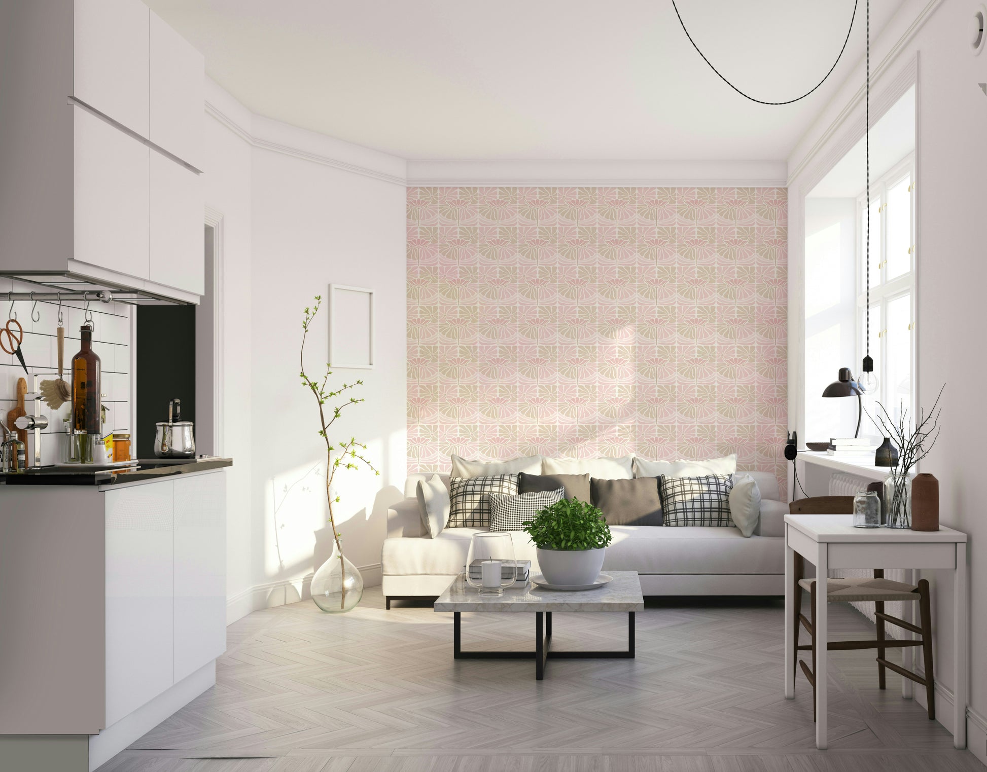 Mid-century inspired wallpaper with blooming flowers

