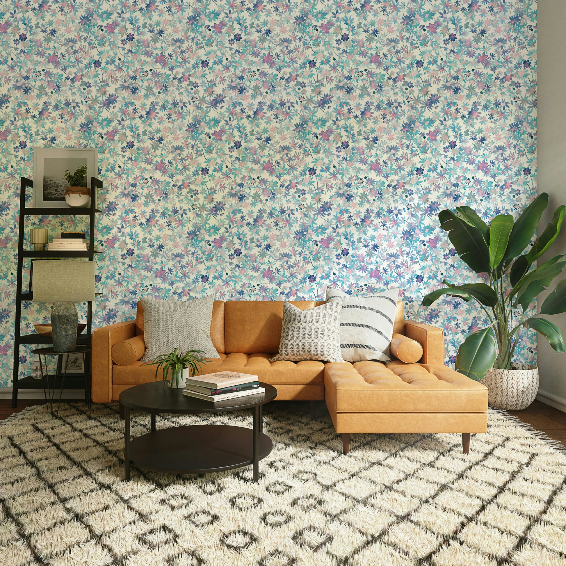 Hand-painted daisy wallpaper in pastel hues

