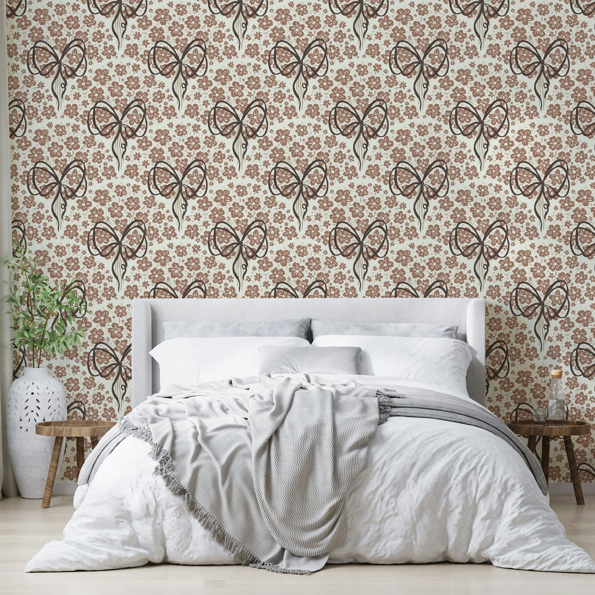 Floral pattern wallpaper with soft bouquet and ribbon

