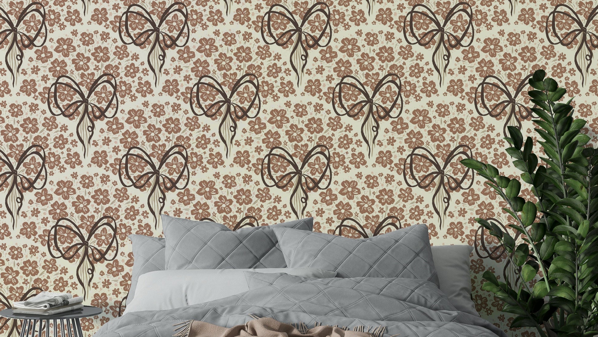 Floral bouquet wallpaper with ribbon bow detail


