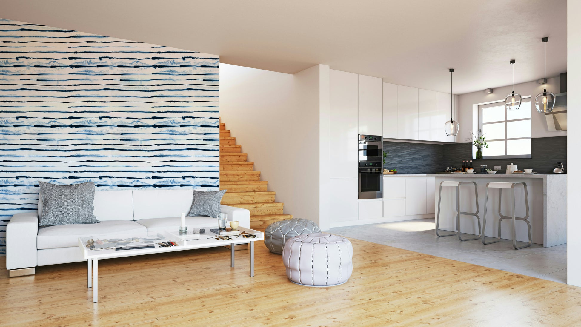 Hand-painted indigo stripe wallpaper for walls

