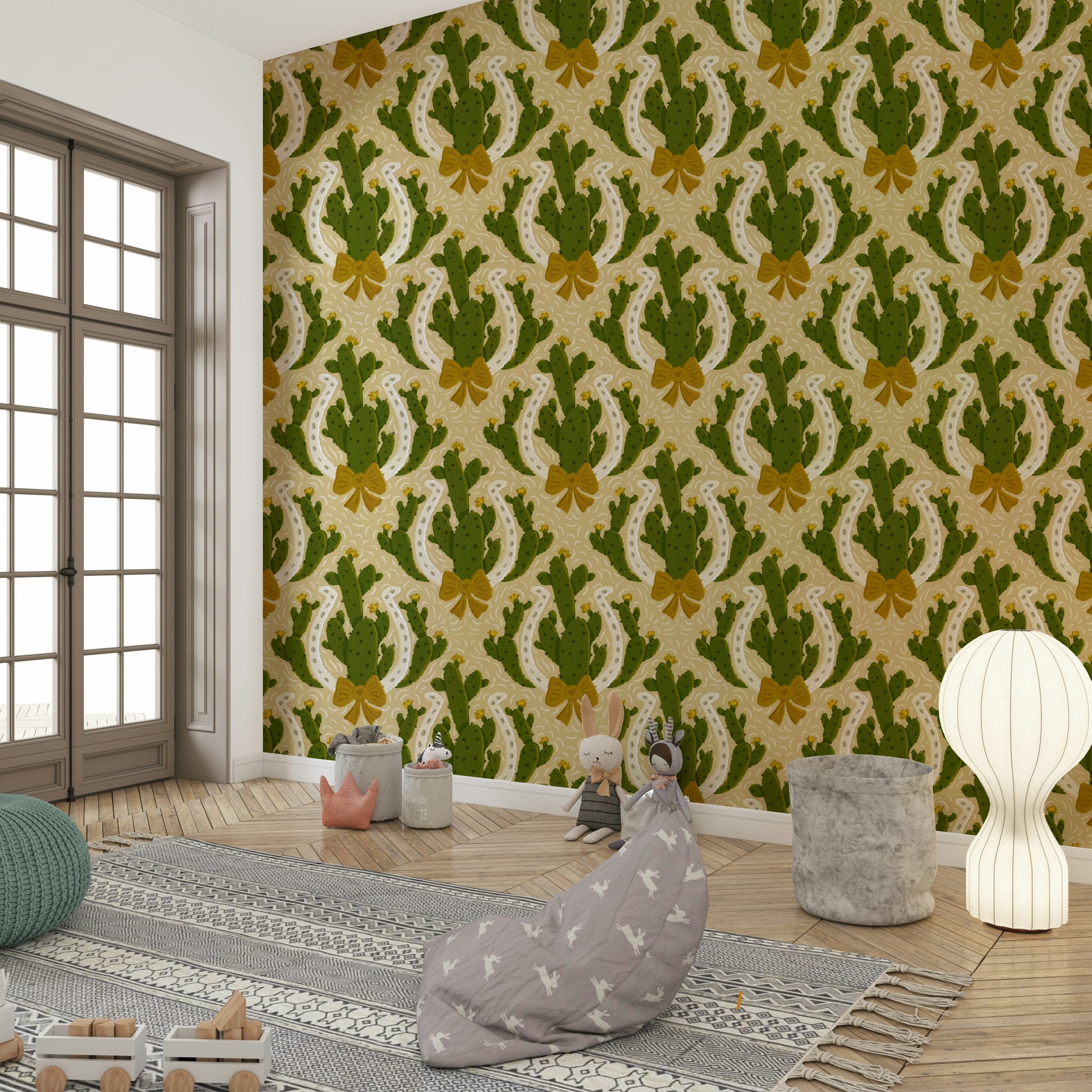 Rustic horseshoe wallpaper with desert cactus accents

