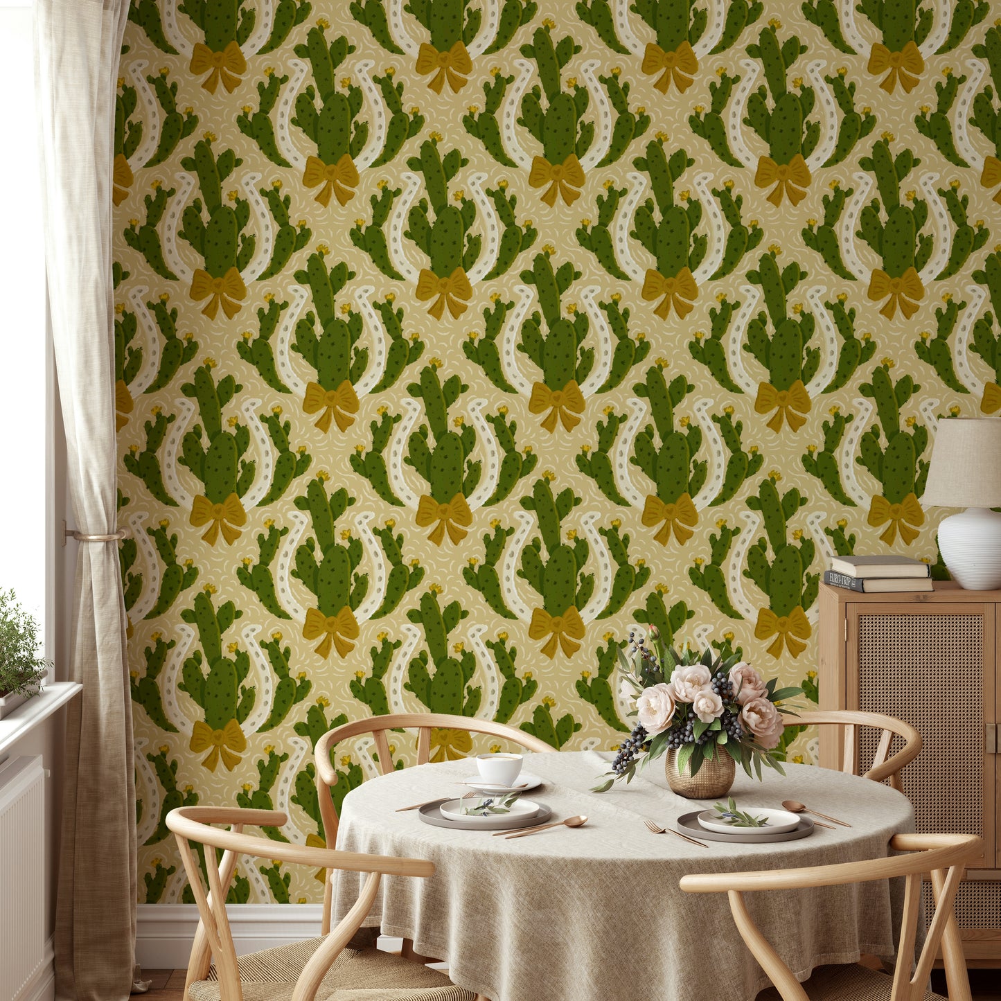 Cactus and horseshoe themed wallpaper for western style

