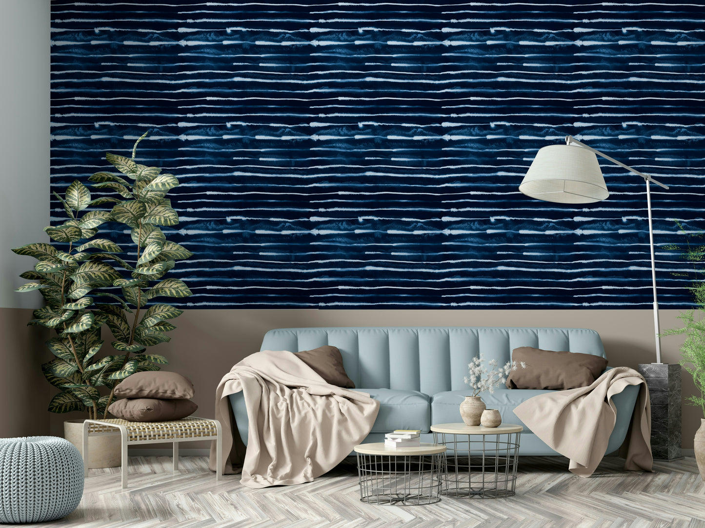 Hand-painted ink stripe wallpaper in deep navy

