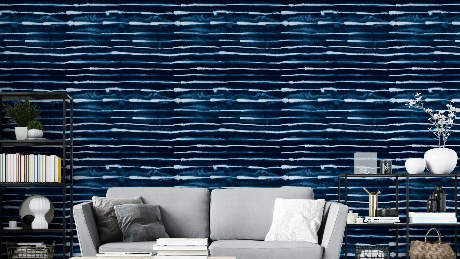 Navy blue striped wall mural with inky texture

