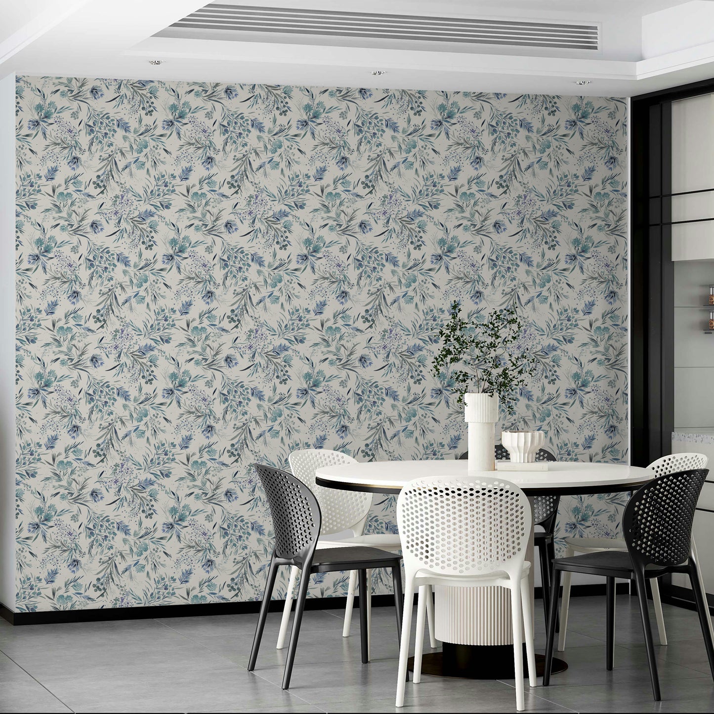 Subtle floral and plant design wallpaper in blue

