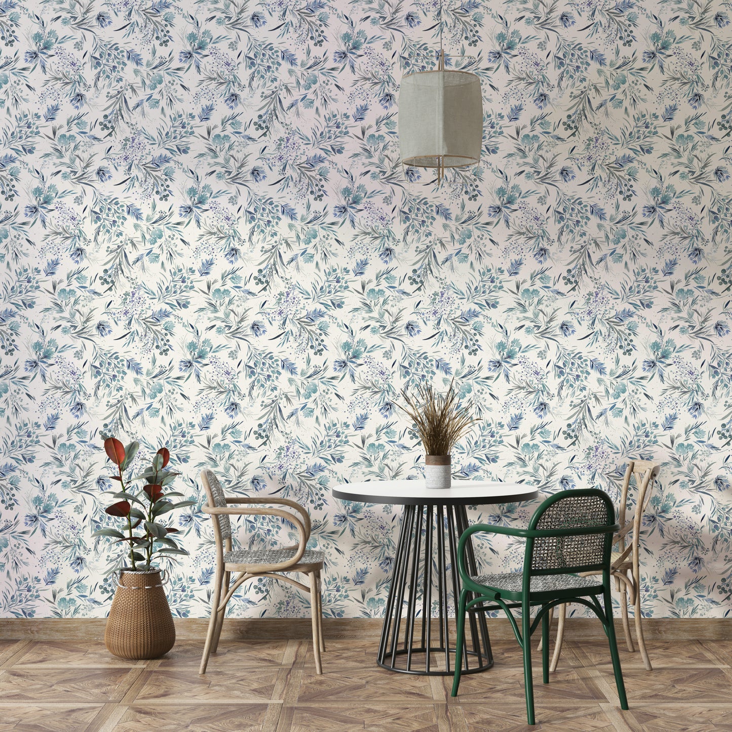 Chic blue wallpaper with festive floral details

