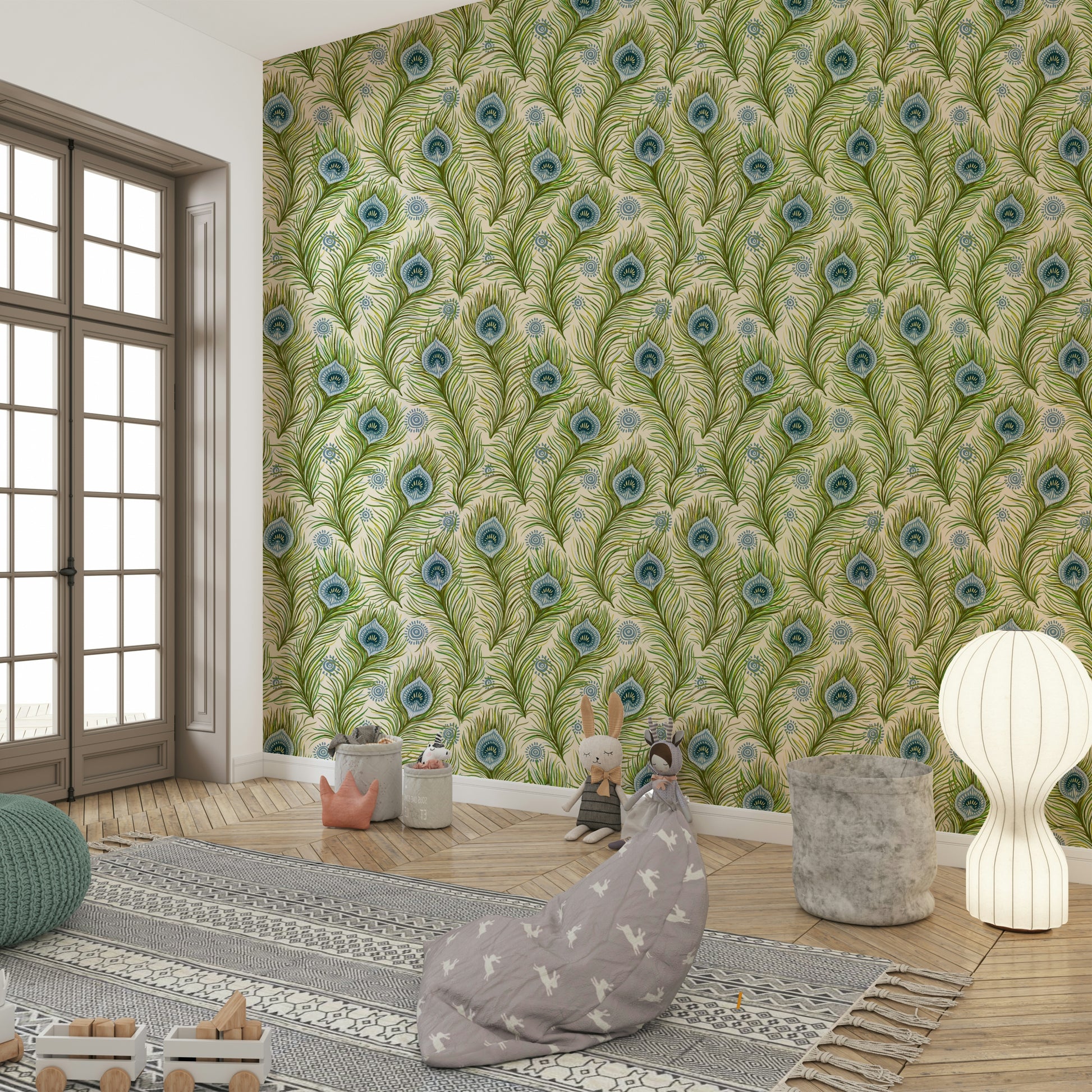 Peacock feather wallpaper in rich boho hues


