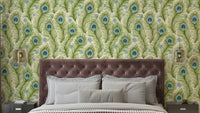 Boho chic peacock feather wallpaper in blue and green

