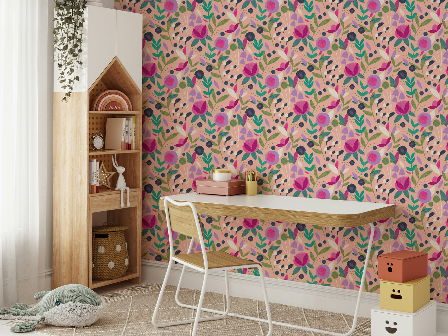 Textured wallpaper with paper-cut flower design

