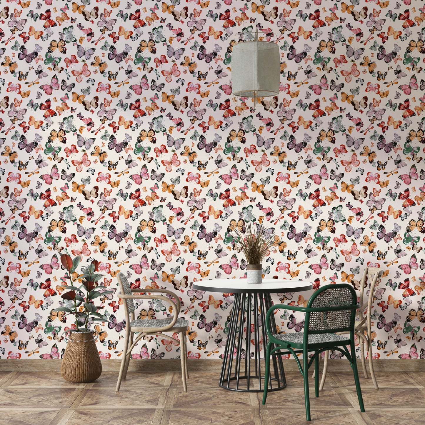 Cheerful countryside wall covering with fluttering butterflies

