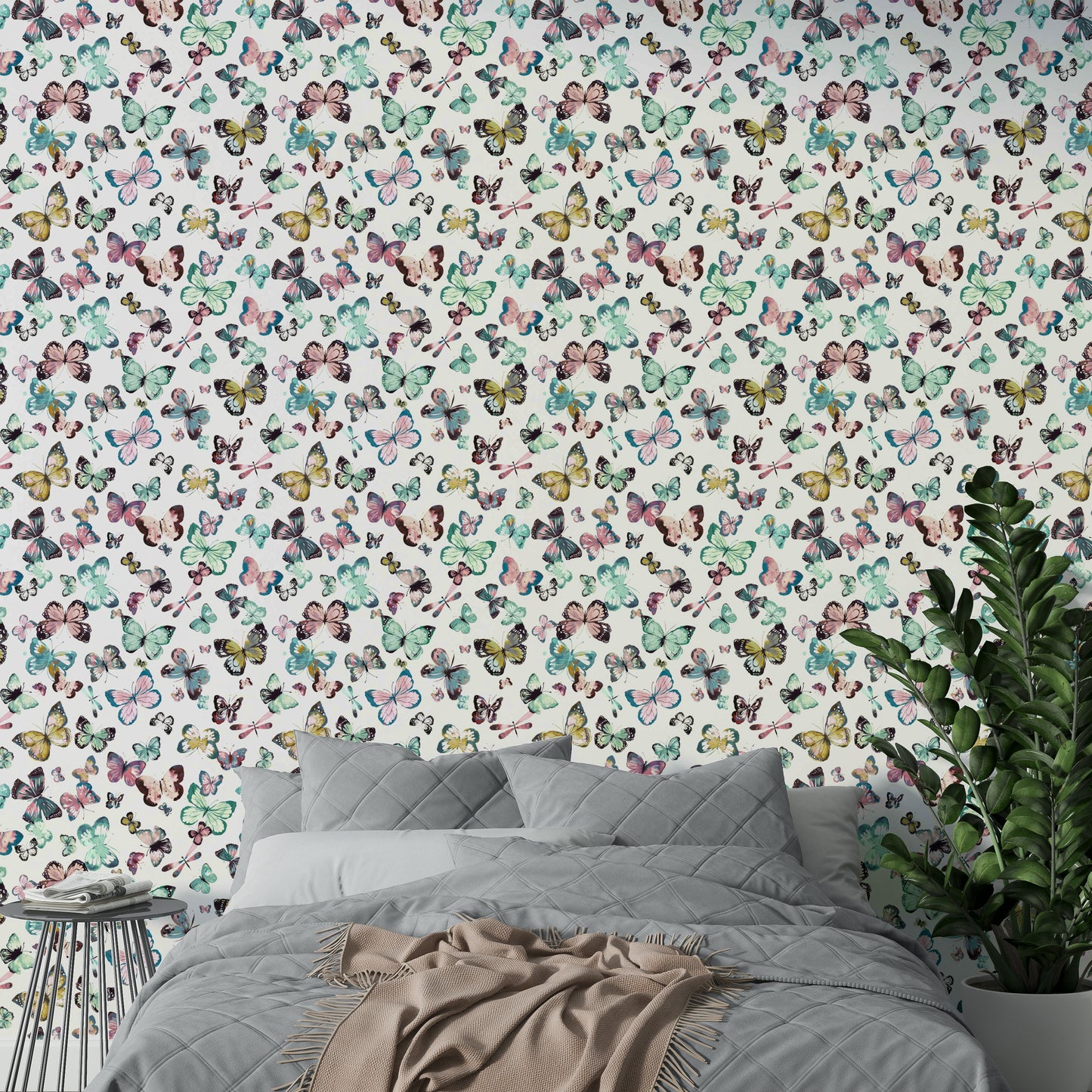 Whimsical butterfly wallpaper in pastel shades

