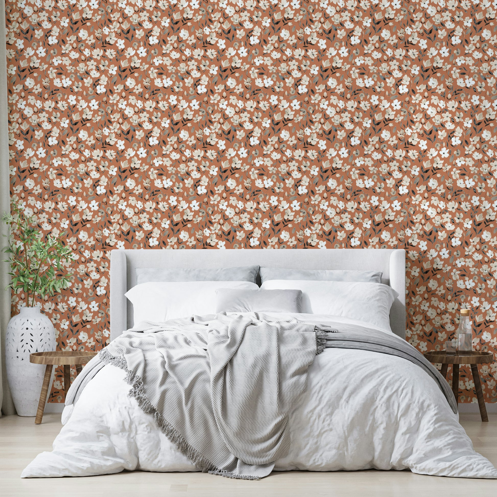 Copper and terracotta wallpaper with botanical prints

