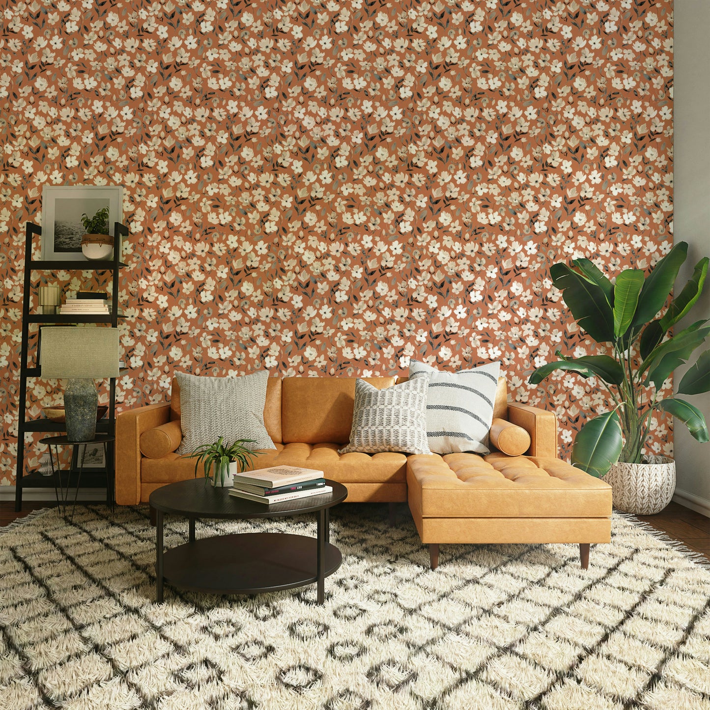 Fresh floral wallpaper in warm rustic tones

