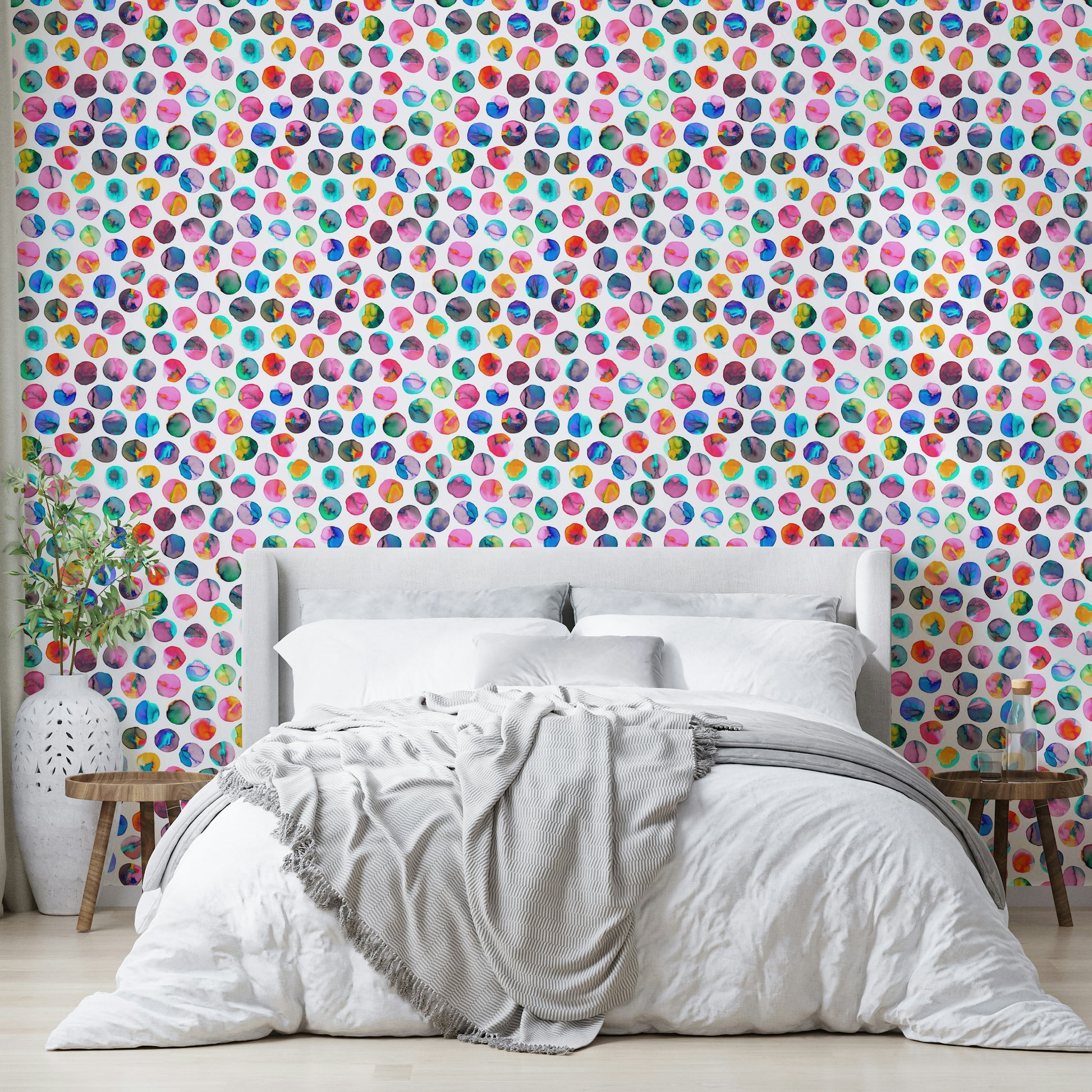 Bold geometric wallpaper with scattered ink spots


