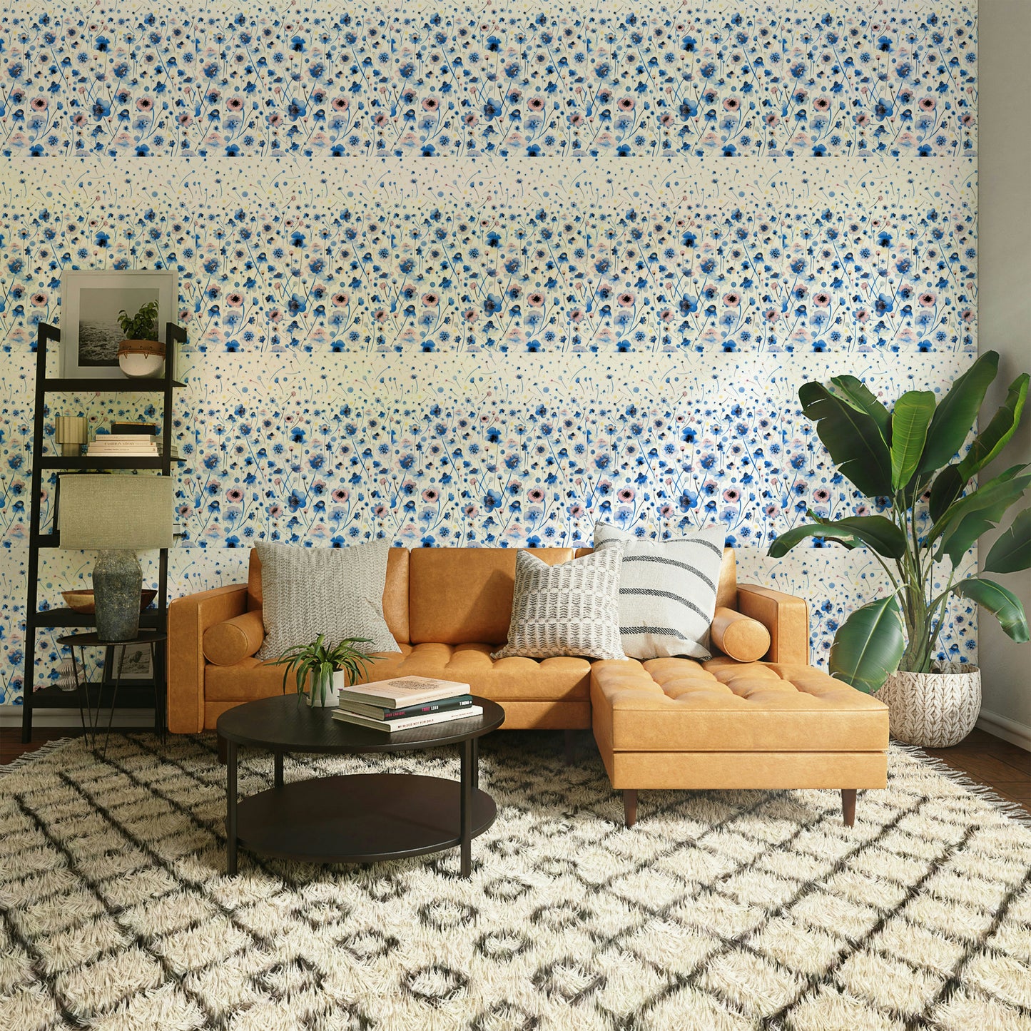 Scandinavian wallpaper with ombre blue flowers

