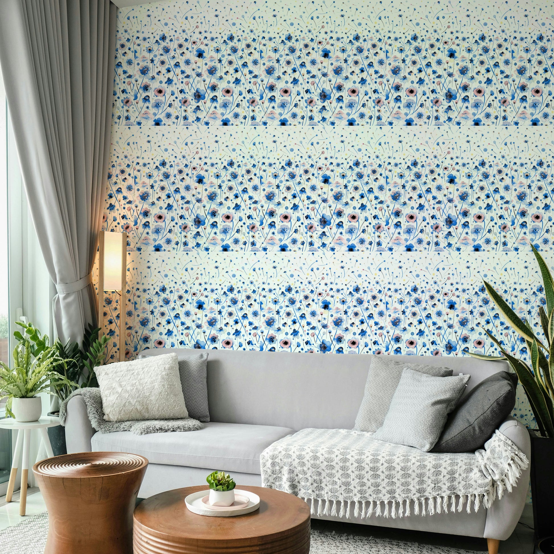 Watercolor flower wallpaper in blue ombre shades

