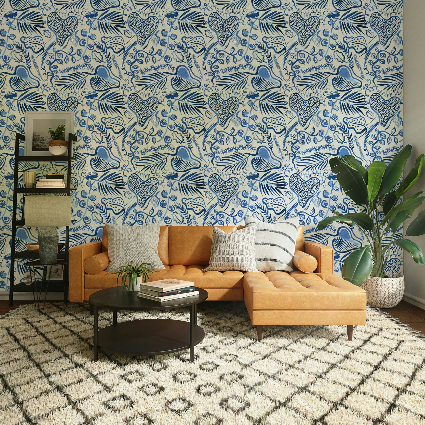 Tropical forest wallpaper with blue leaf accents

