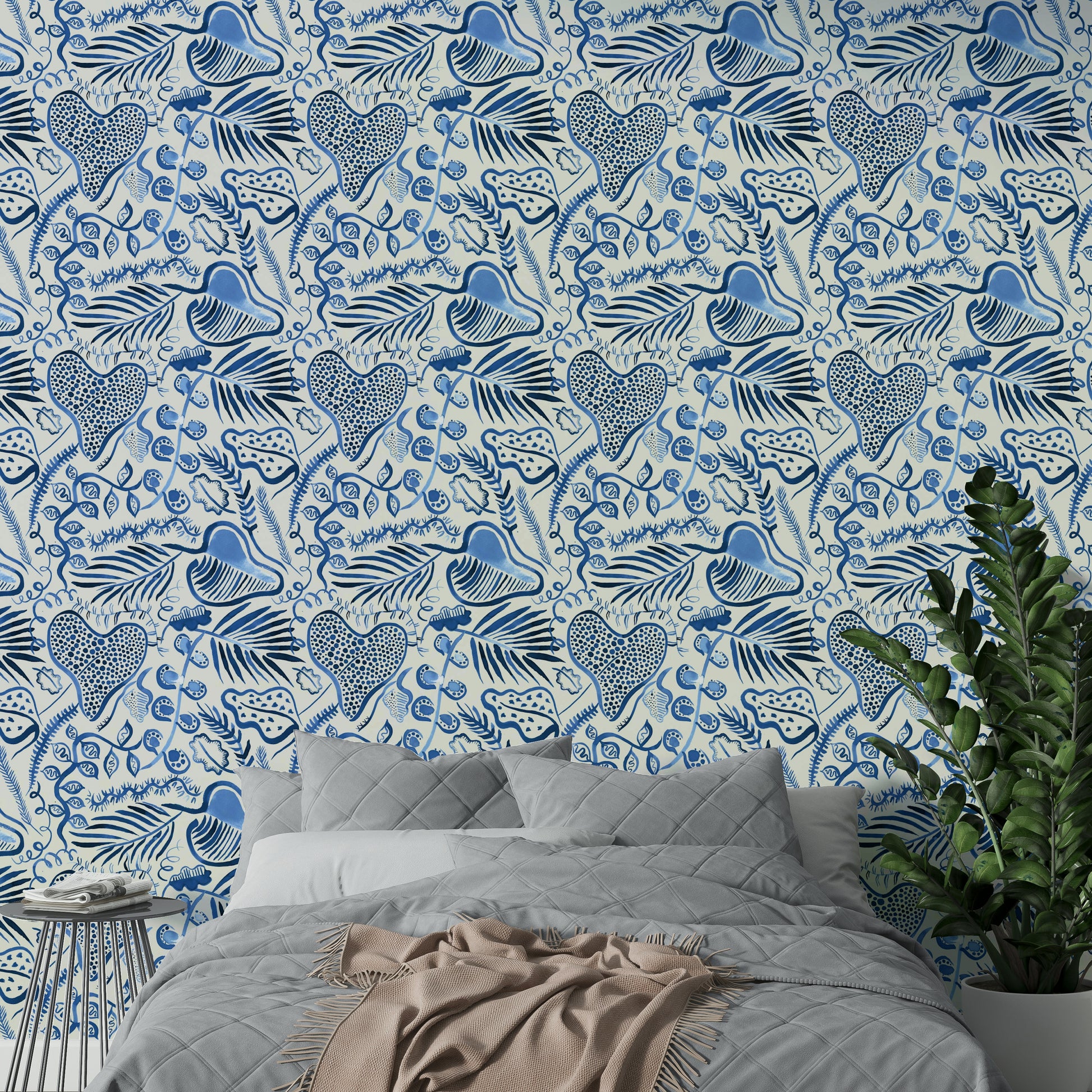 Abstract jungle leaves wallpaper in navy and teal

