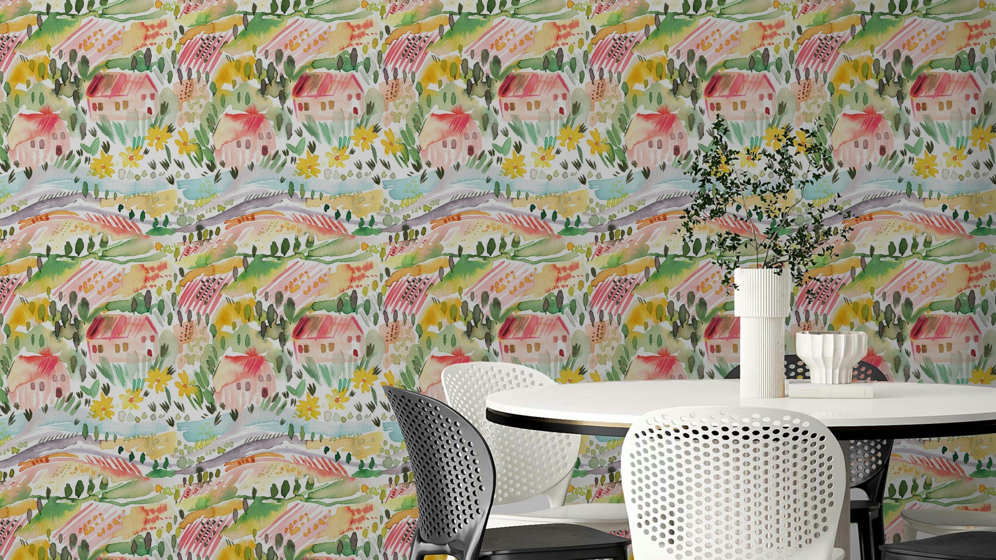 Tuscany landscape watercolor wallpaper for walls

