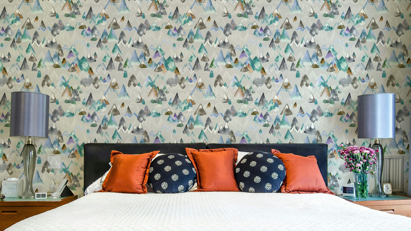 Watercolor mountain wallpaper in silver and gray tones

