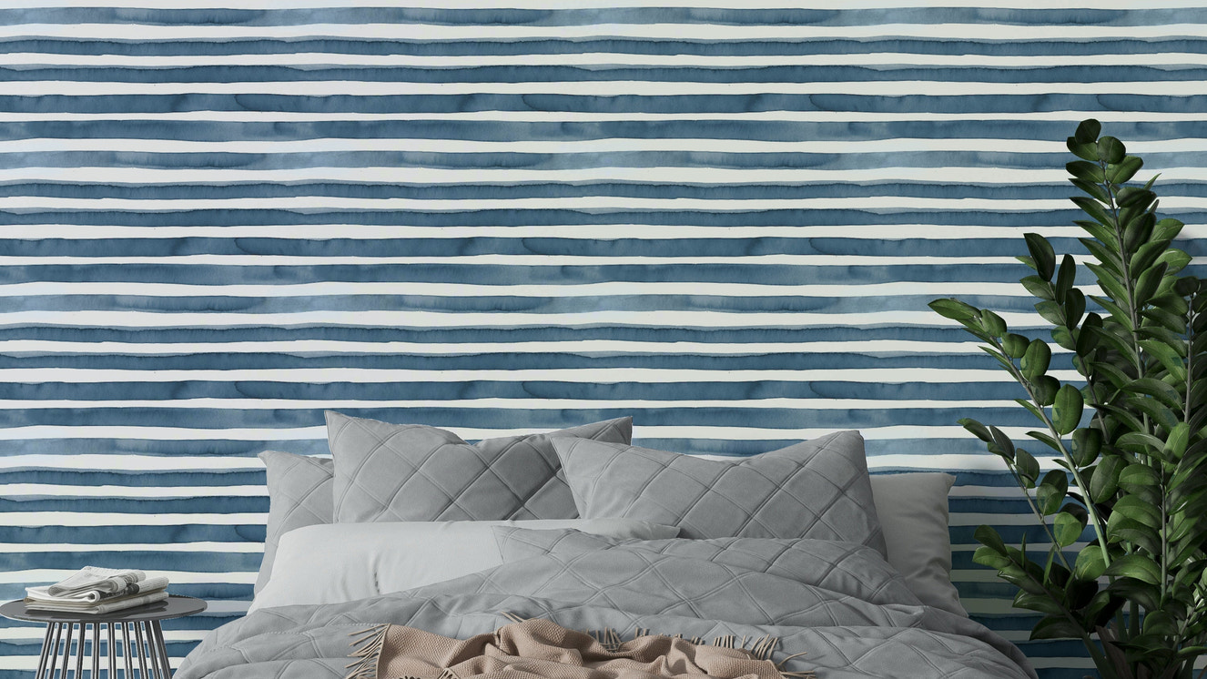 Marine blue watercolor stripe wallpaper for walls

