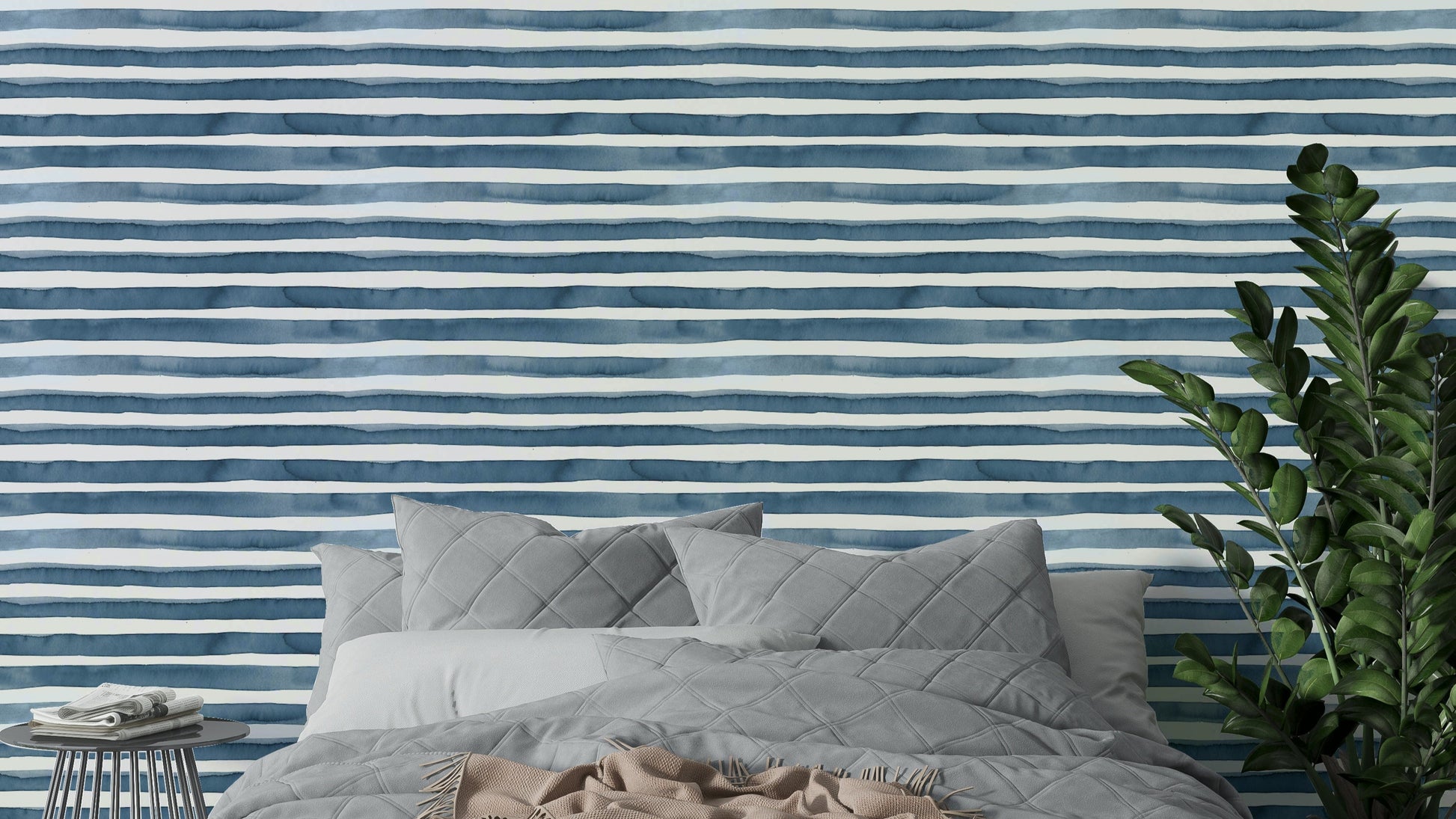 Marine blue watercolor stripe wallpaper for walls

