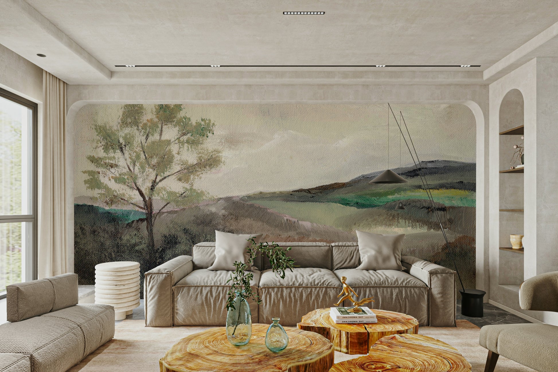 Nature-inspired wall mural with soft mountain hills

