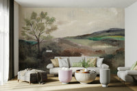 Calming wall mural with layered earth-tone hills

