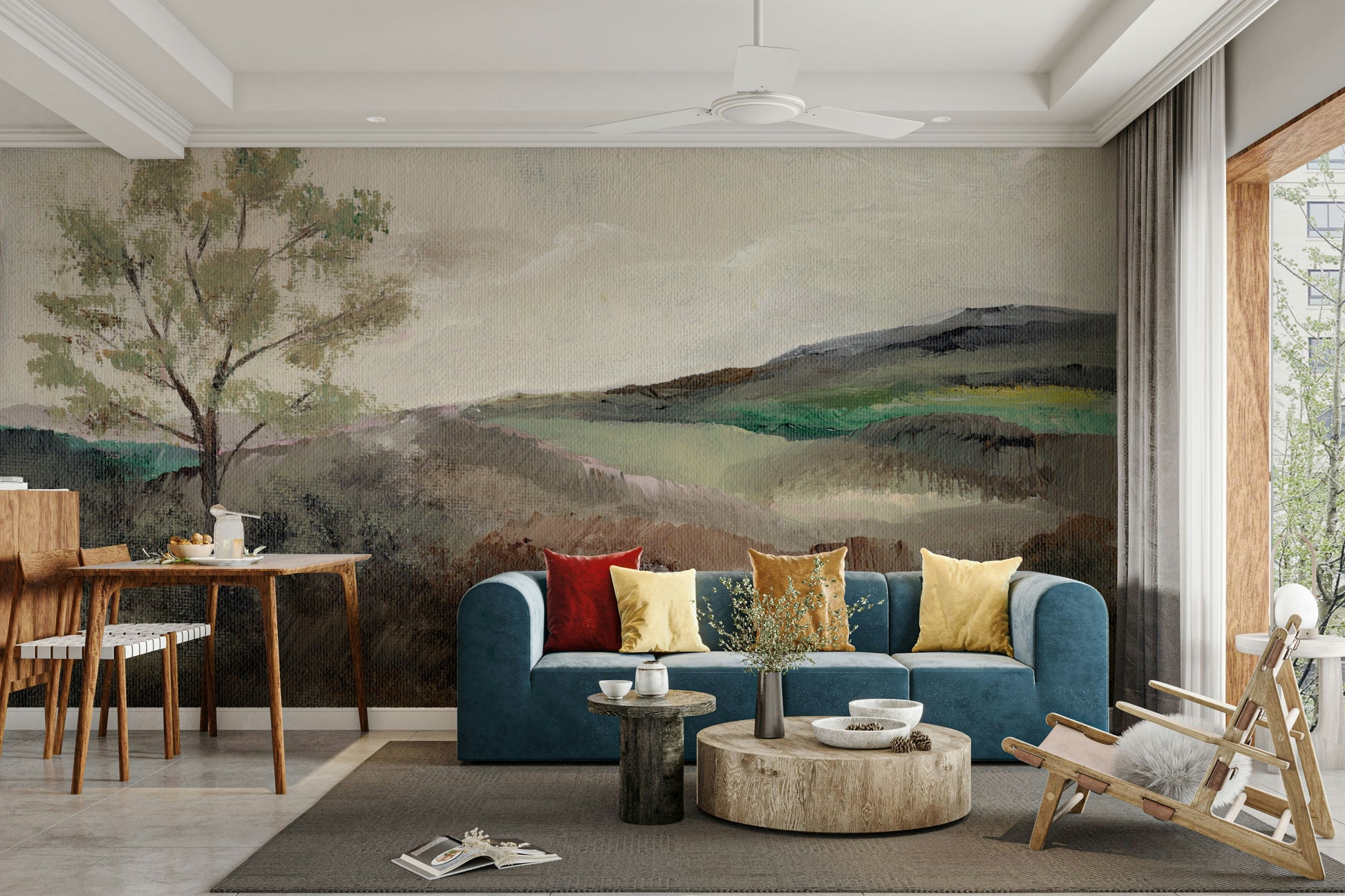 Peaceful hill scene mural in muted natural hues

