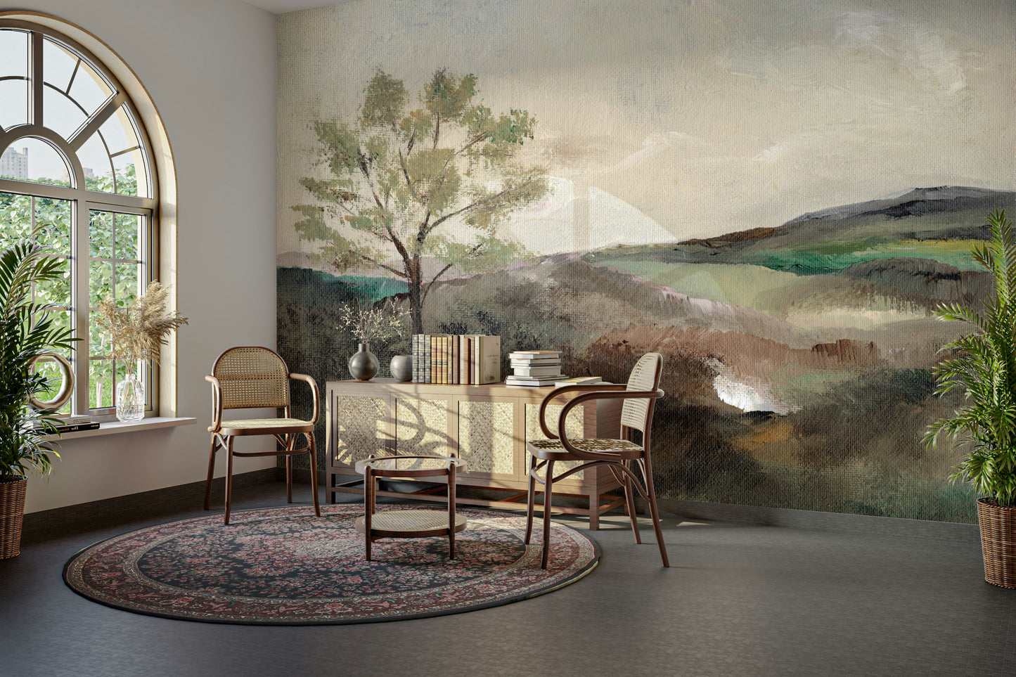 Serene mural with layered rolling hills and fog

