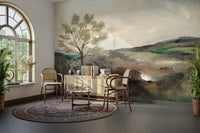 Serene mural with layered rolling hills and fog

