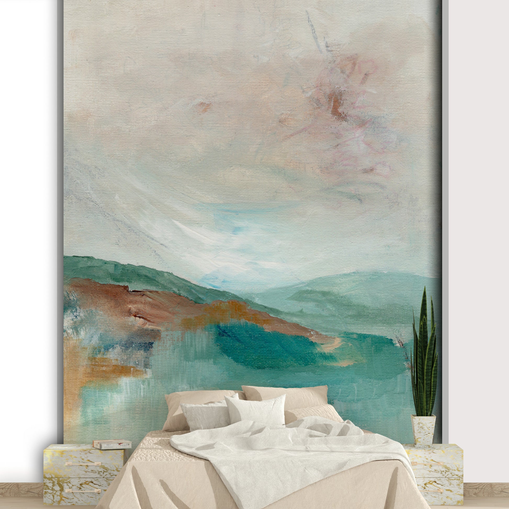 Calm mountain mural featuring cool earthy gradients

