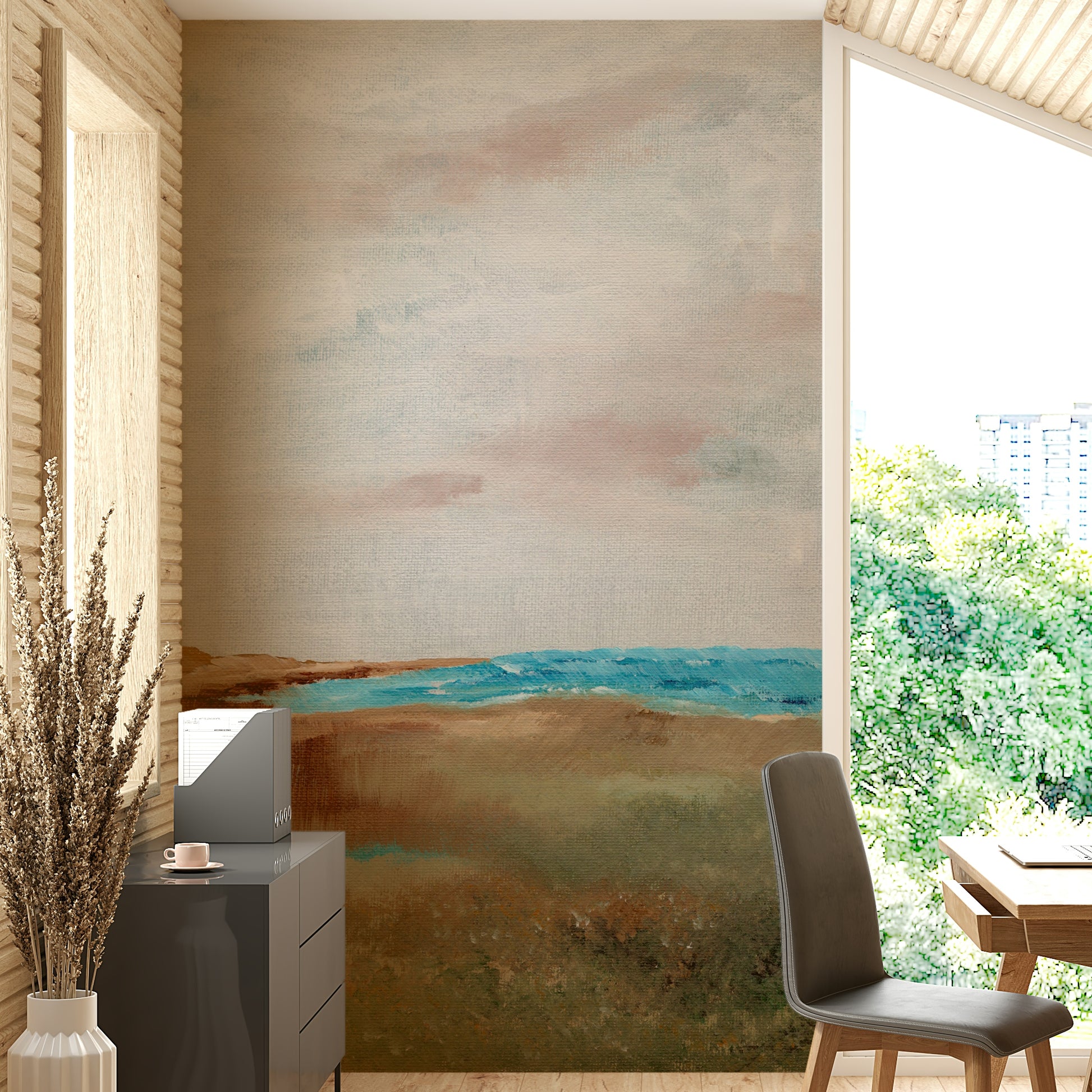 Tranquil shoreline mural with a horizon view

