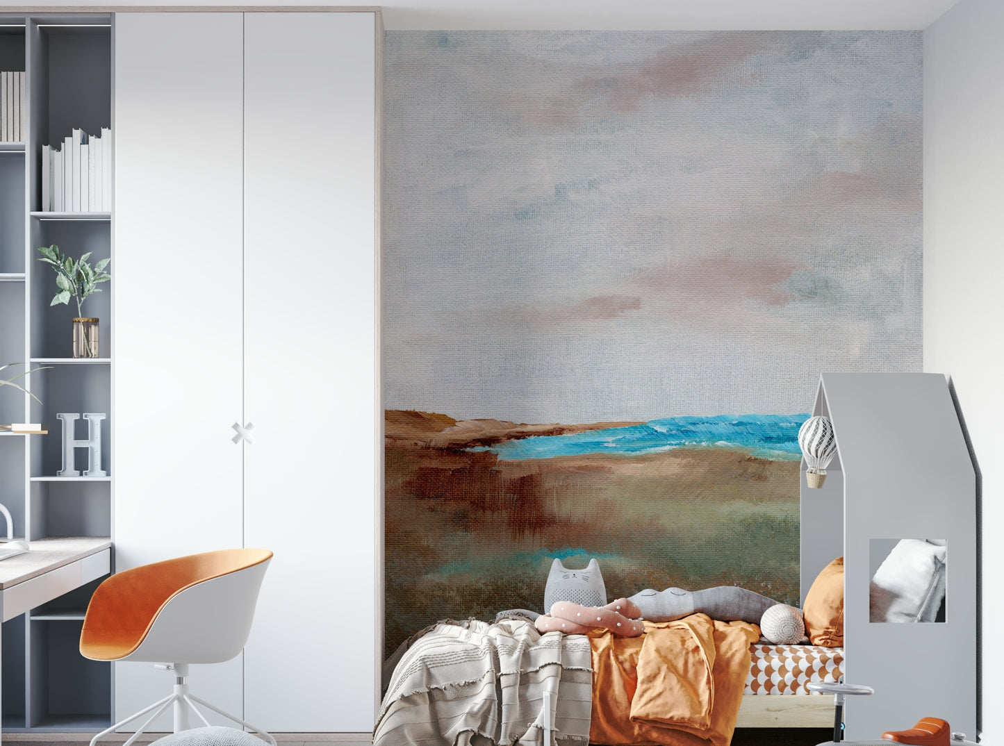 Serene coastal mural with sand, water, and horizon

