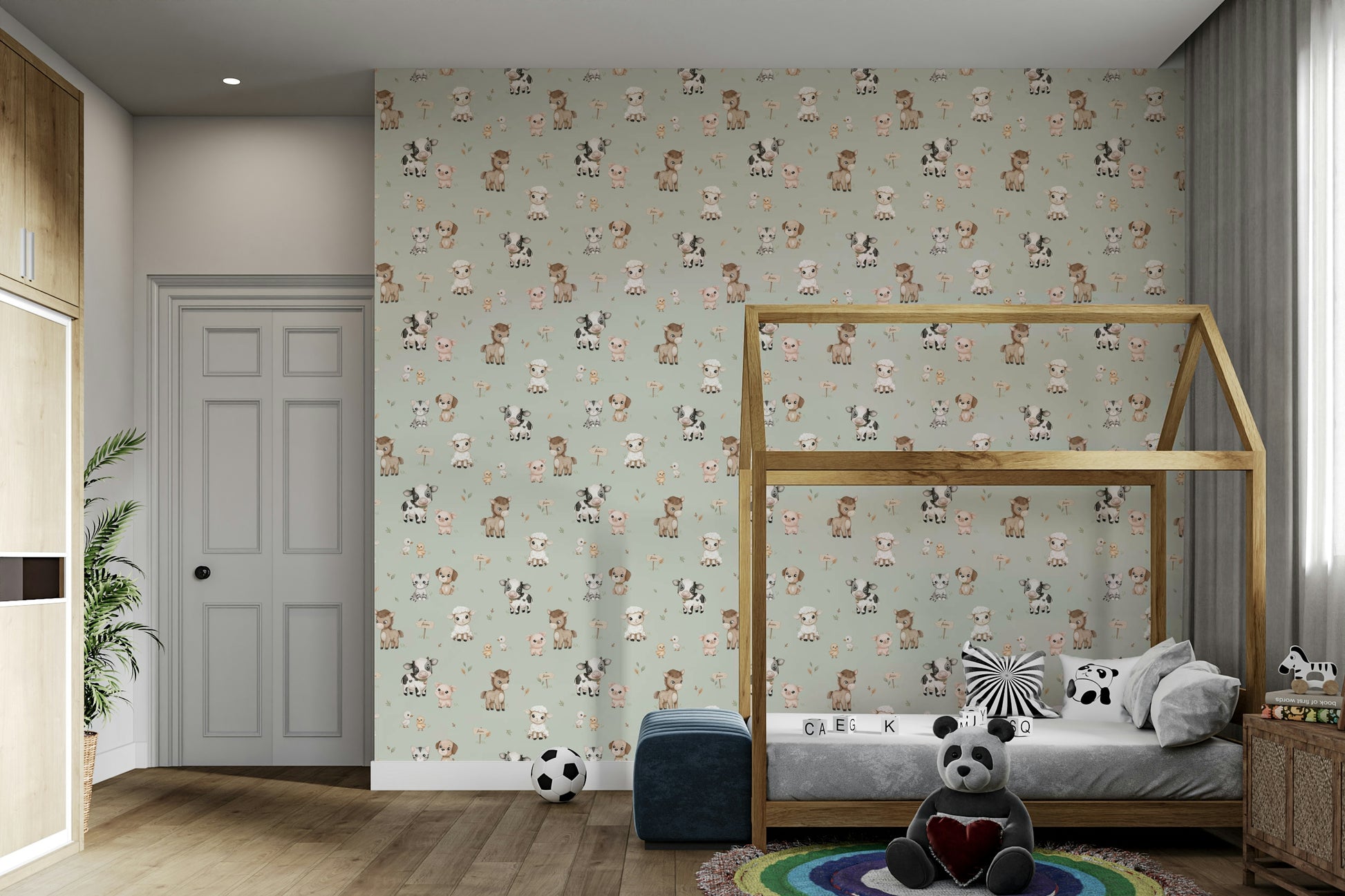 Mint green wallpaper with cows, pigs, and tractors

