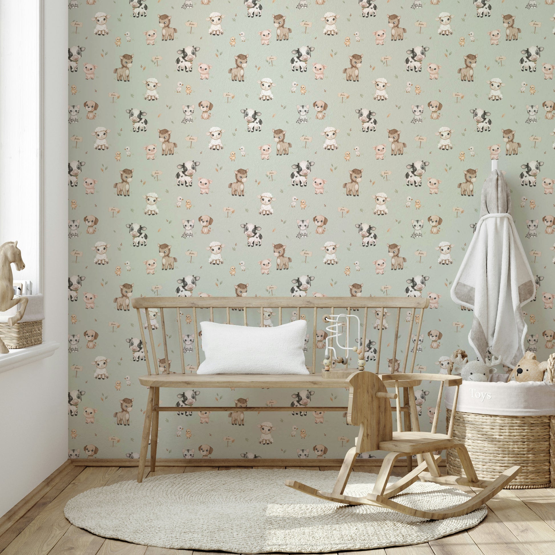 Pastel farm scene wallpaper for kids’ rooms

