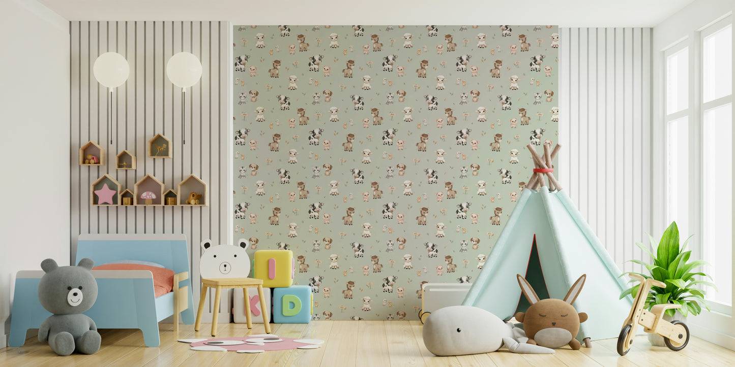 Whimsical farm animal wallpaper in soft mint tones


