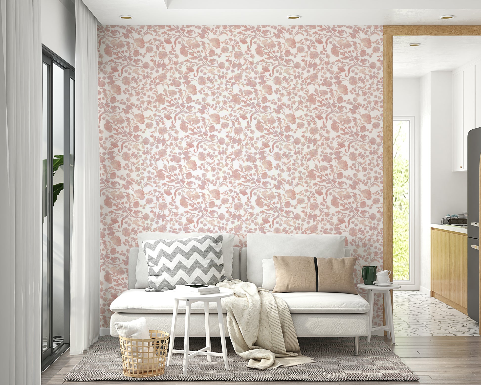 Blooming garden wallpaper with pastel pink roses

