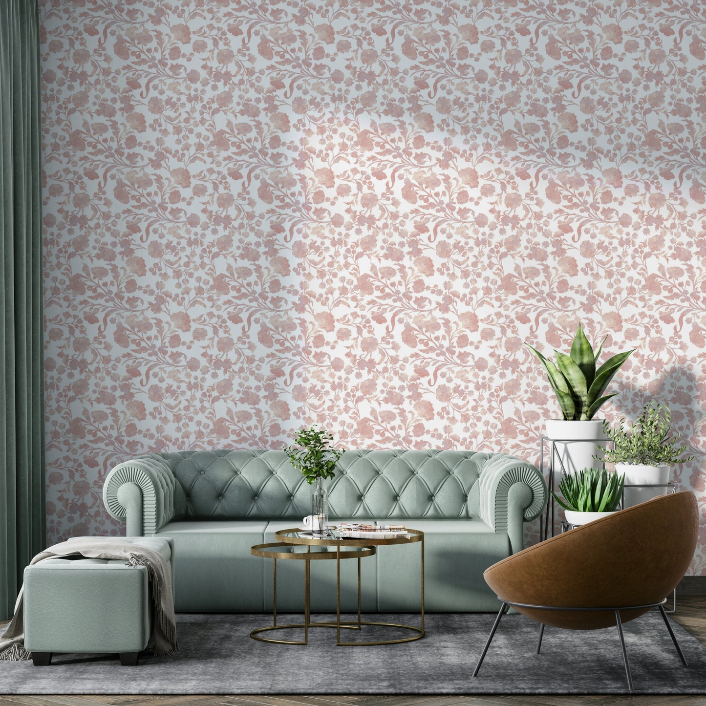 Garden-inspired wallpaper with soft pink blooms

