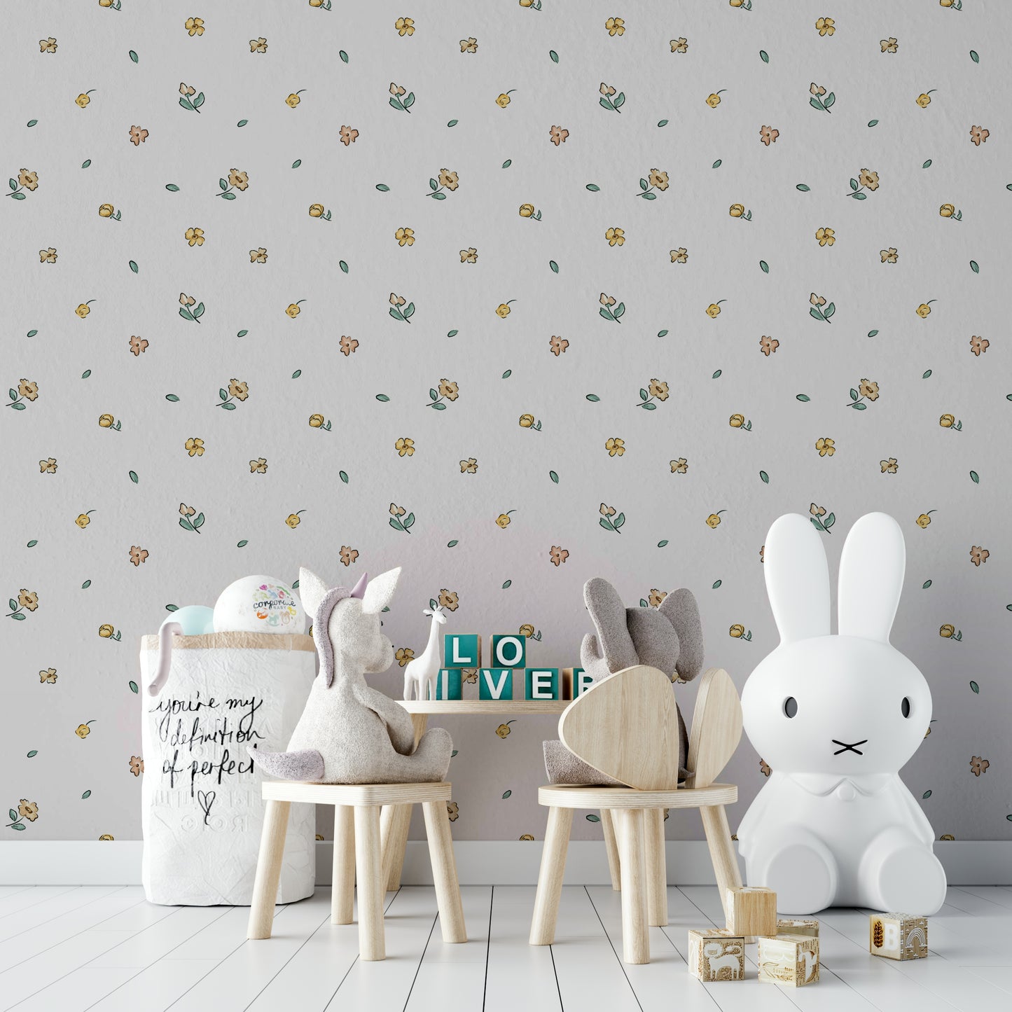 Soft meadow-inspired wallpaper for living spaces


