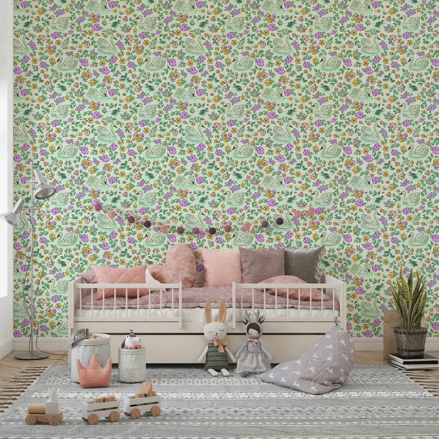 Graceful swan and flower print wallpaper for walls

