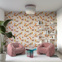 Woodland creature wallpaper in soft pastel tones

