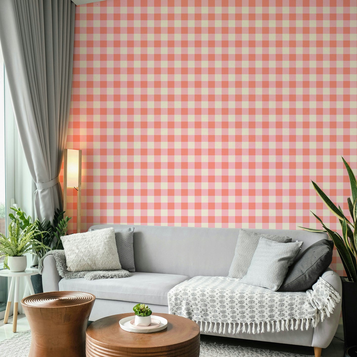 Light peach wallpaper with geometric checks

