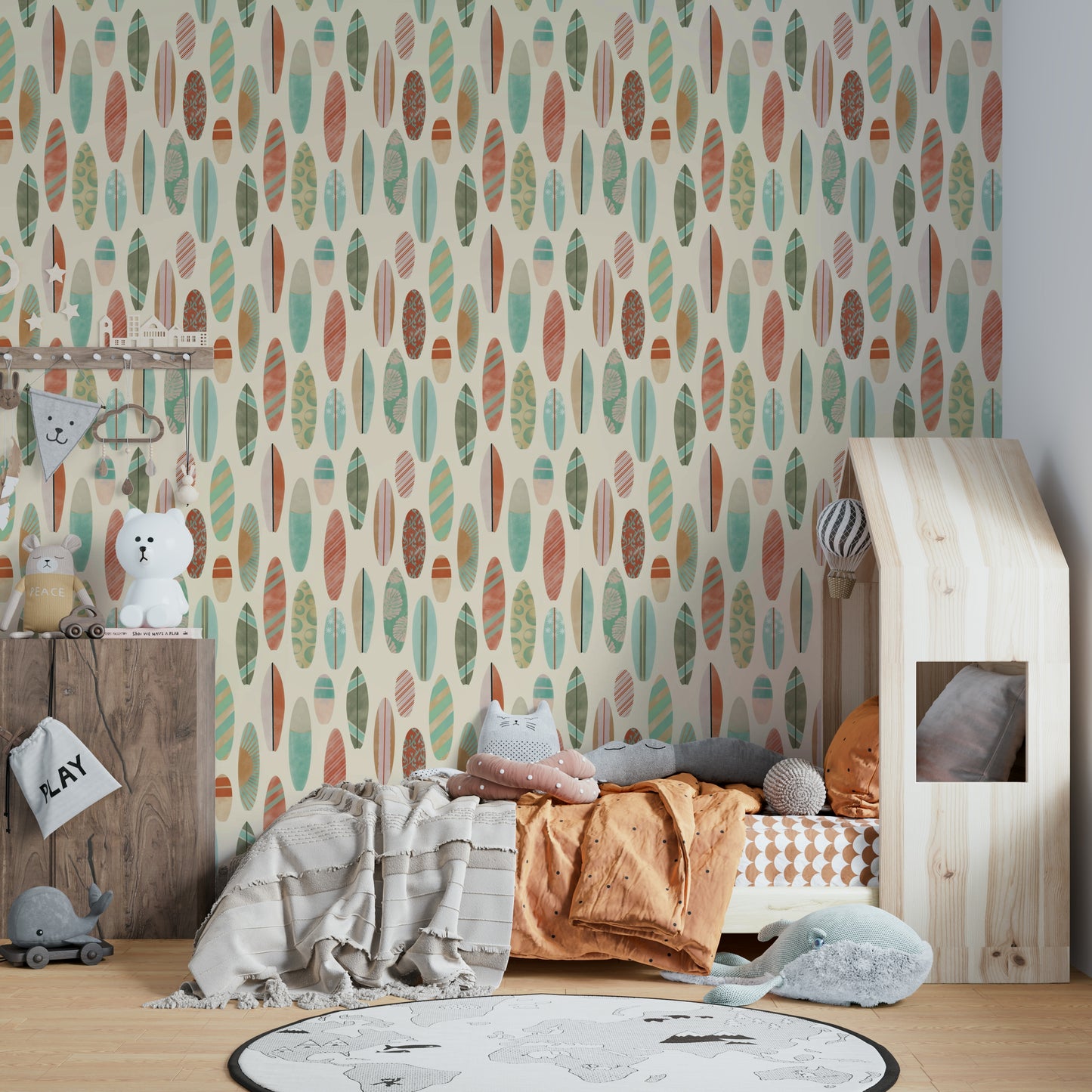 Beach-themed wallpaper with surfboard prints


