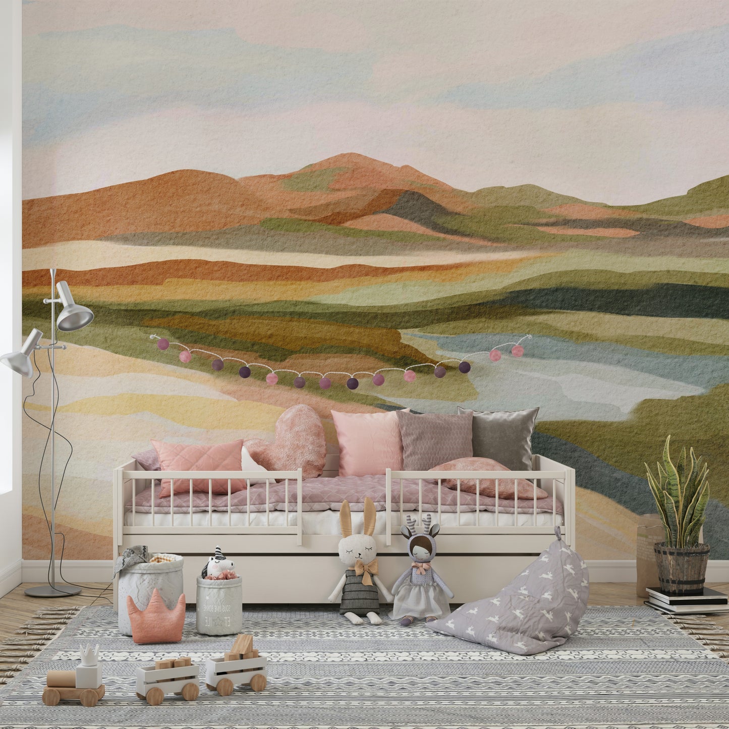 Foggy mountain and hill mural for peaceful spaces

