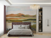 Serene landscape mural featuring gentle rolling hills

