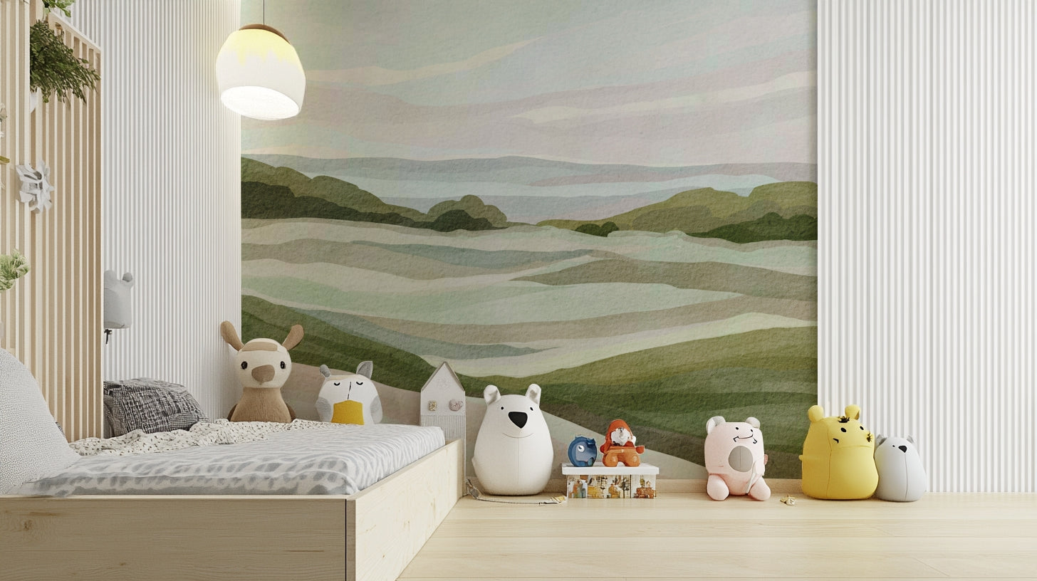 Green Whispering Hills wall mural with rolling hills

