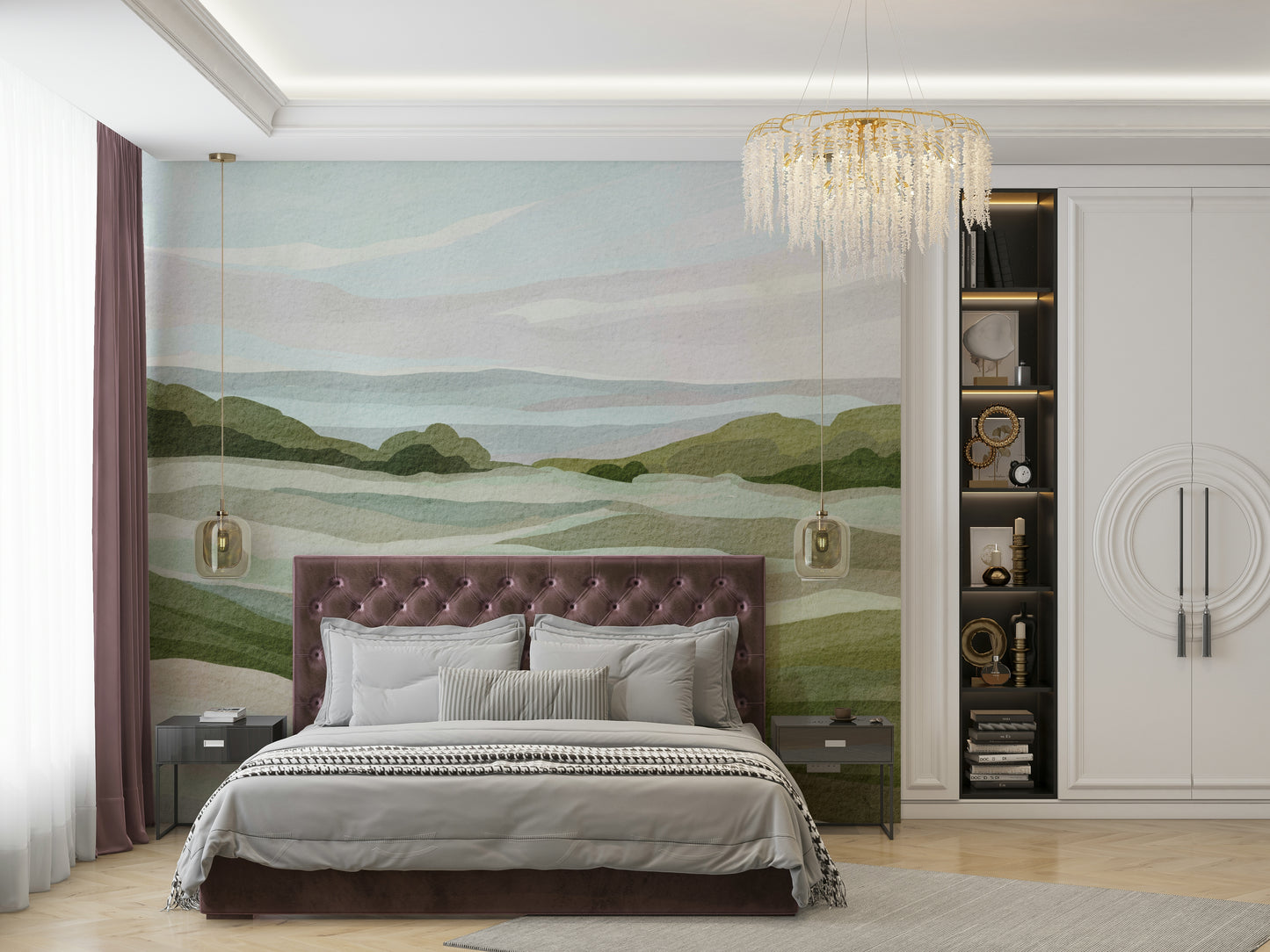 Peaceful countryside mural with whispering hills

